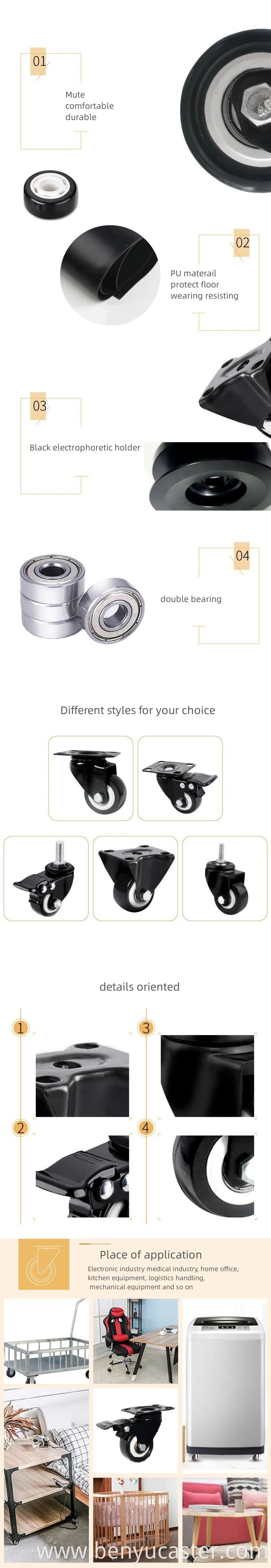 Durable Gold Drill Polyurethane Rotatable Flat Casters Color Customization Tool Cabinet Medical Wheels with Total Brake